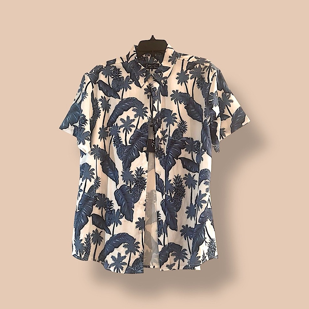 Cotton & Co Button Down Shirt - Blue & White Palm Tree Print - Men's Size Large